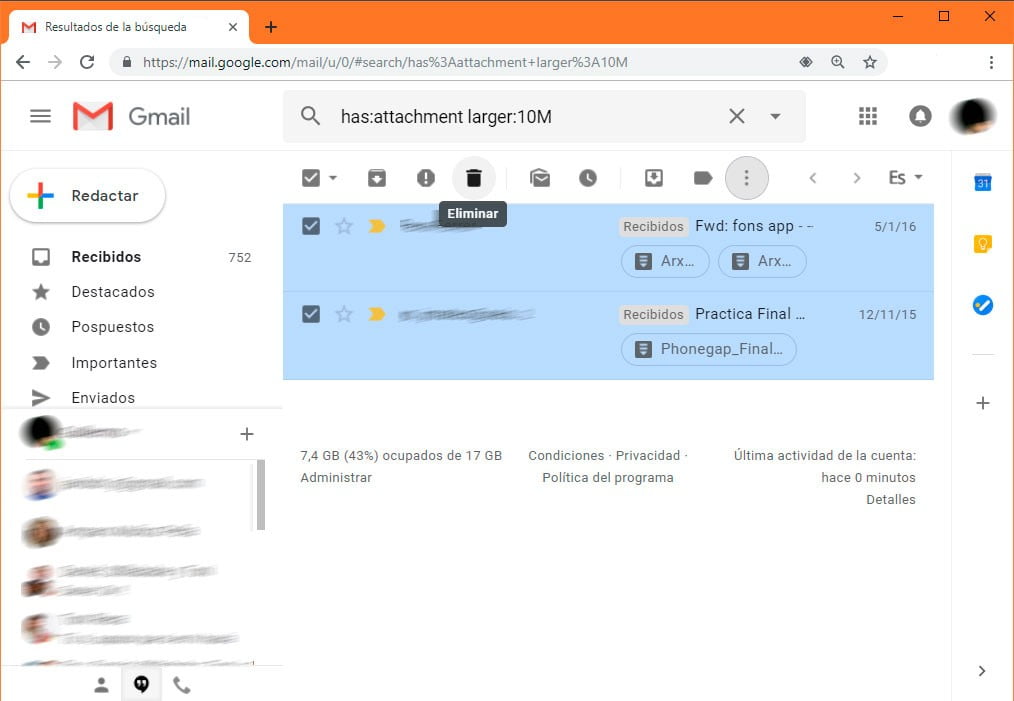 Eliminar correos pesados Gmail
